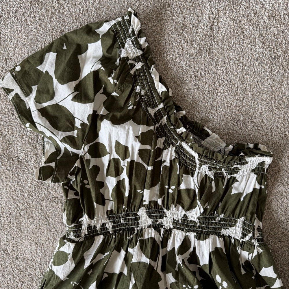 J. Crew Smocked Cotton Poplin One Shoulder Dress XL Leafy Floral Olive NEW! - Picture 7 of 10